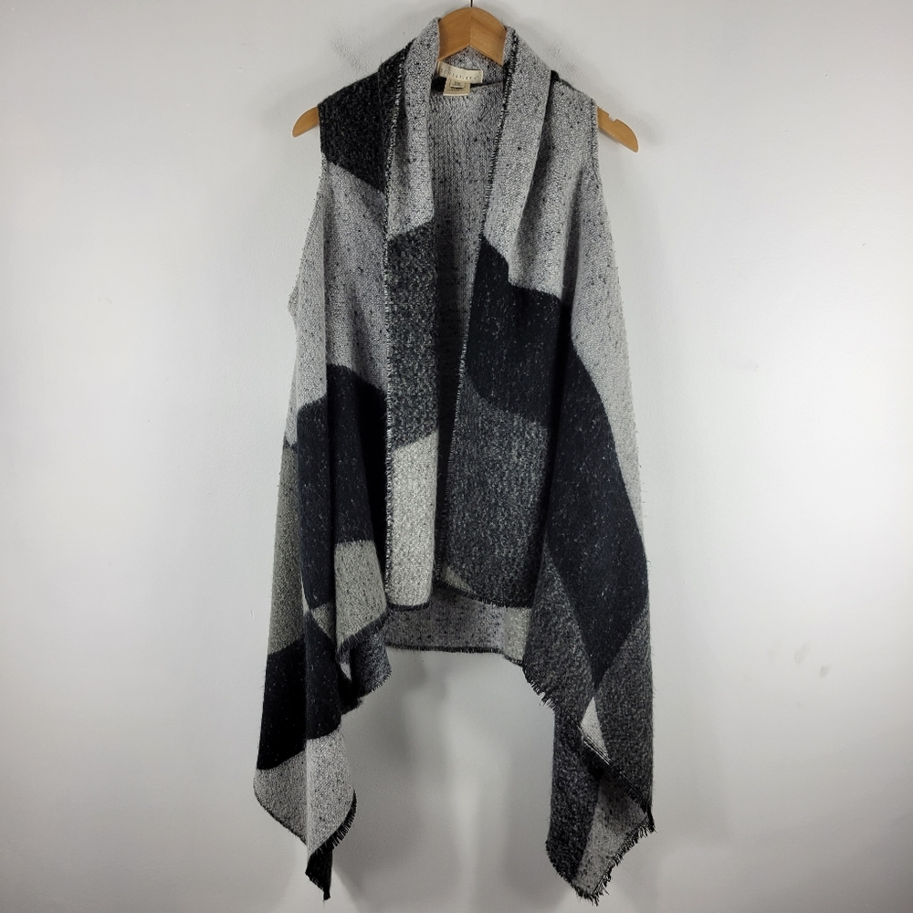 Lovestitch Colorblock Plaid Waterfall Open Front Cardigan Vest Poncho